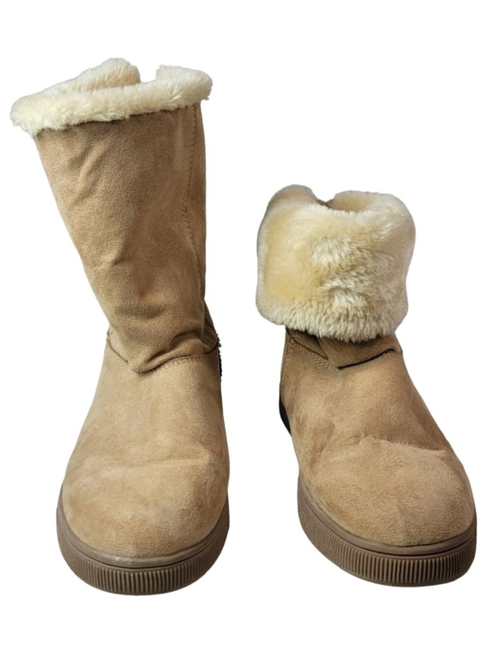 Cat & Jack Girls Fold Down Boots Tan SZ 2 Zip Snap Round Toe Faux Fur Faux Suede